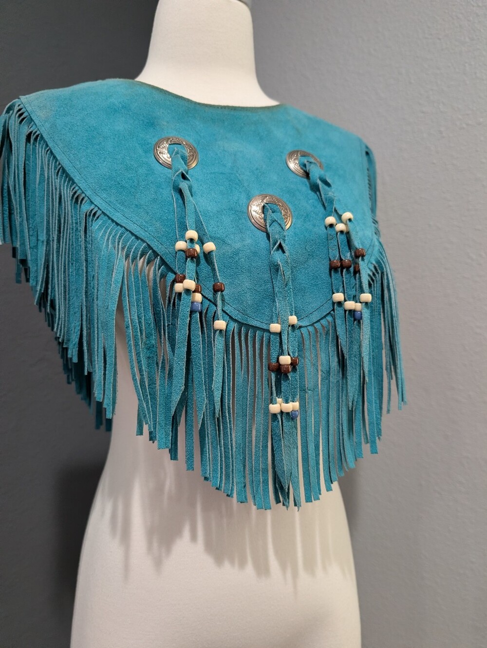 Vintage Steer Brand Teal Suede Fringe Cape with Conchos - Boho Western Statement - Picture 8 of 16